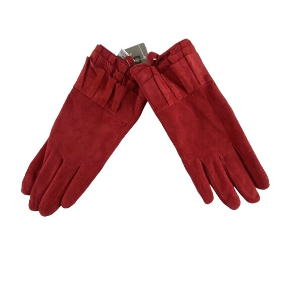 Chicos Red Leather Gloves Preppy Professional Classic Feminine L w/ Ruffle Cuffs